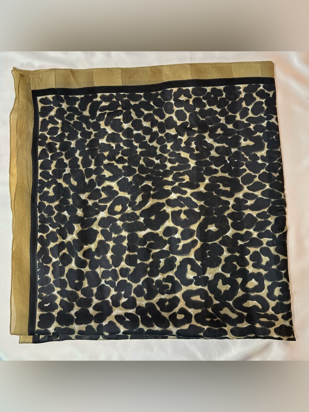 VTG 90s Leopard Cheetah Print Silk Square Scarf Olive Border 29x29 Accessory